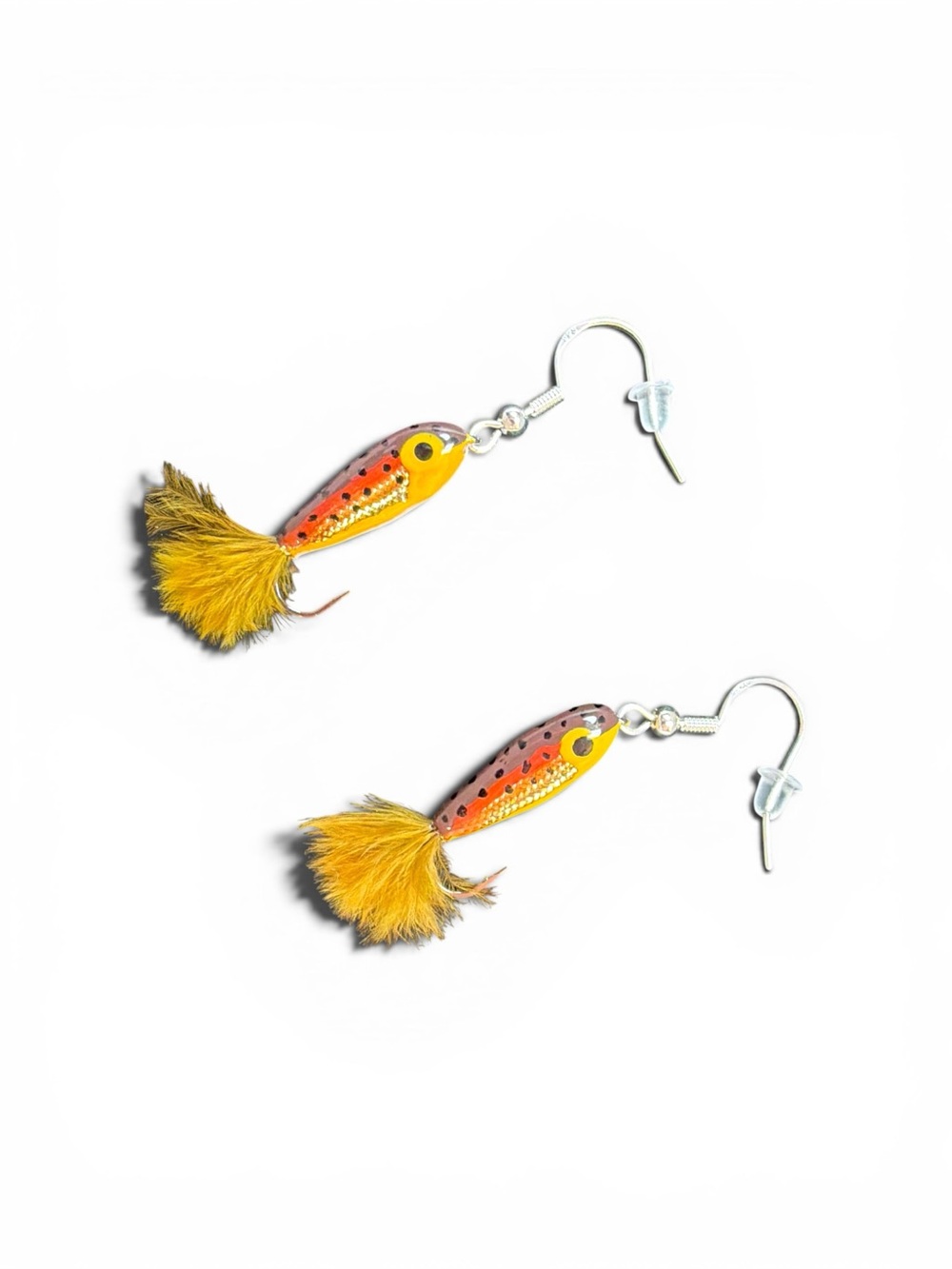 Yellow Feathered Fish Lure Earrings for Anglers - sterling silver French hooks